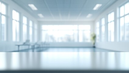 Poster - Empty modern office reception desk, blurred background, waiting area