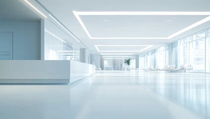 Poster - Modern hospital lobby, empty reception desk, bright interior, city view