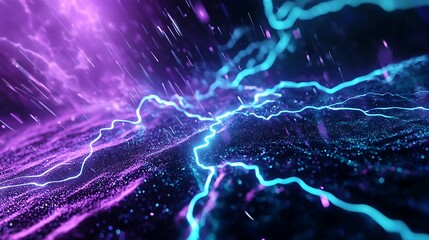Poster - Abstract image depicting vibrant purple and blue energy streams colliding and sparking against a dark background. The energy forms dynamic, irregular shapes with a high energy feel. Tiny particles