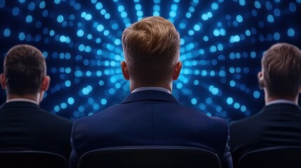 Poster - A group of individuals sits with their backs to the viewer, focusing on a vibrant, luminous display of blue lights and patterns.