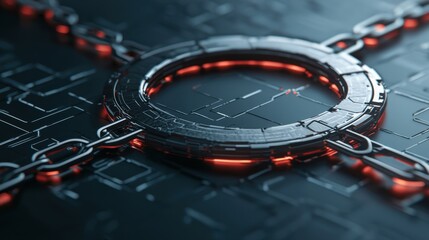 Aufkleber - A futuristic, circular metallic object with glowing red accents and interconnected chains, set against a textured, dark background.