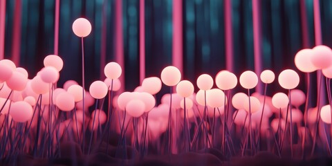 Poster - A vibrant, surreal landscape filled with glowing orbs amidst a forest backdrop, creating a dreamlike atmosphere.