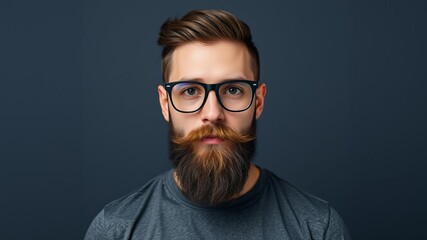 Modern stylish man with a trendy beard and glasses, smiling in a blue portrait with a fashionable t-shirt on a contemporary background, lifestyle, style