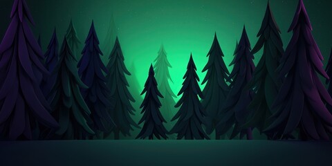 Poster - A stylized forest scene featuring tall, dark trees set against a glowing green background, creating an eerie yet enchanting atmosphere.