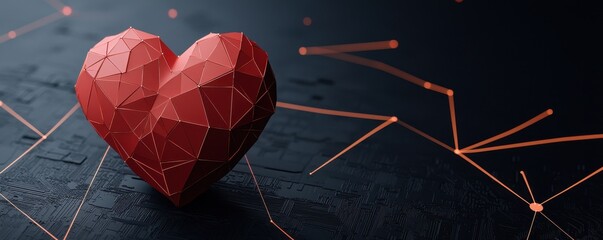 Aufkleber - A geometric, red heart rests on a dark surface, surrounded by abstract lines, symbolizing love and connection in a modern digital context.