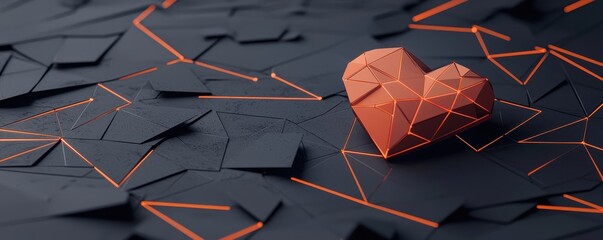 Poster - A vibrant orange heart stands out against a dark, textured background of geometric shapes and patterns.