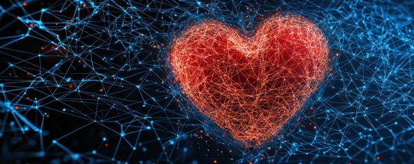 Poster - A glowing, digital heart surrounded by network lines, symbolizing love, connection, and technology in a vibrant, futuristic setting.