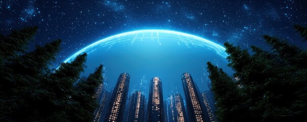Poster - A futuristic city skyline under a glowing blue dome, surrounded by tall trees and a starry night sky.