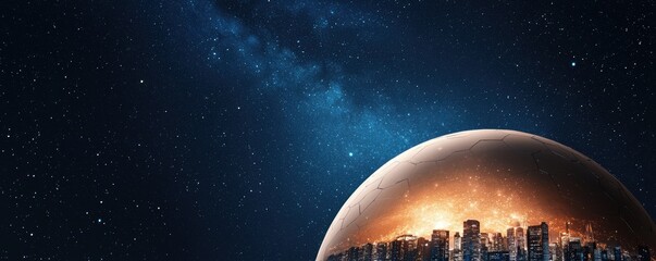 Poster - A futuristic city skyline peeks over the edge of a glowing planet, set against a starry cosmic backdrop.