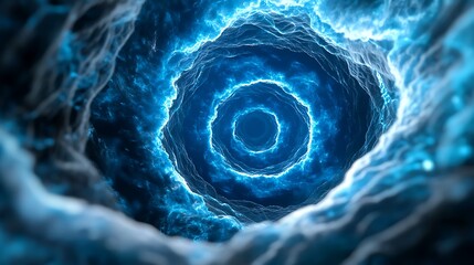 Poster - Abstract image of glowing blue concentric circles within a dark, smoky environment. The circles radiate light, creating a mesmerizing and ethereal effect. The background is dark and filled with