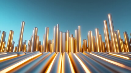 Aufkleber - Abstract 3D rendering of a futuristic cityscape with glowing golden and silver metallic columns under a teal sky. The perspective is low, emphasizing the lines leading to the city.  The scene is