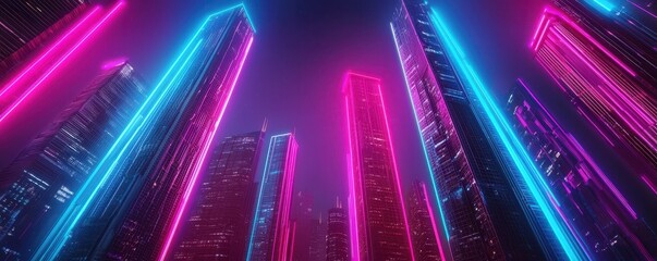 Aufkleber - A vibrant cityscape featuring towering skyscrapers illuminated by neon pink and blue lights against a dark sky.