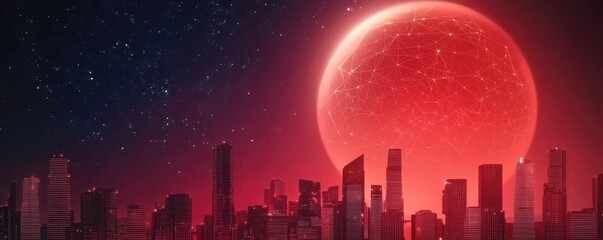 Poster - A vibrant city skyline illuminated by a large, glowing red moon against a starry night sky.