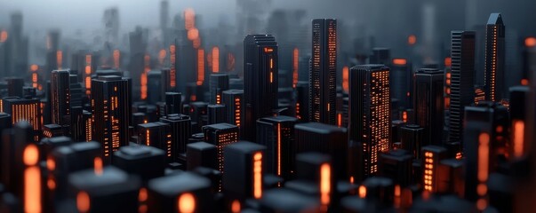 Poster - A futuristic cityscape with glowing orange lights piercing through a misty atmosphere, showcasing towering buildings and a vibrant urban environment.