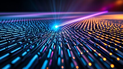 Poster - Abstract digital background with glowing purple and blue light beam over dark metallic surface, 3d rendering