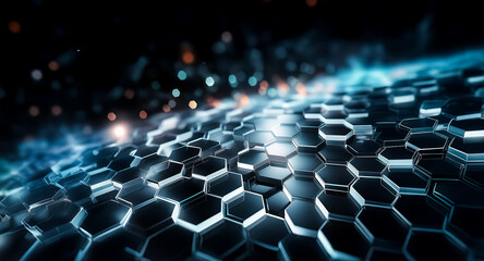 Poster - abstract geometric background with a dark hexagonal grid pattern glowing with blue light, creating a