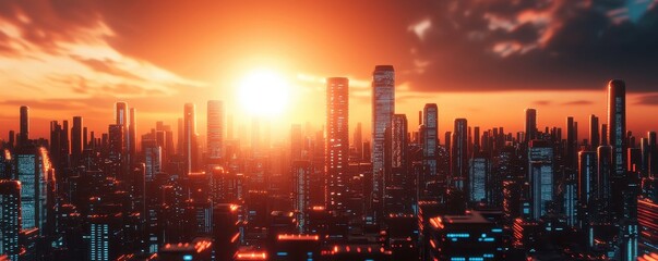 Poster - A vibrant sunset over a bustling city skyline, showcasing tall buildings illuminated by warm orange and blue hues.