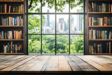 Poster - Wooden table in a library with a city view