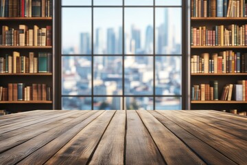 Poster - Cityscape library table, bookshelves, wooden top