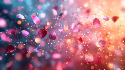 Colorful pink and blue hearts floating in the air creating a whimsical confetti explosion