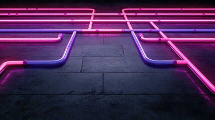 Poster - A vibrant arrangement of illuminated neon pipes creates a striking visual pattern on a dark surface, blending color and geometry.