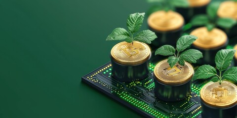 Aufkleber - A digital illustration combining technology and nature, featuring green plants growing from golden coins on a circuit board.