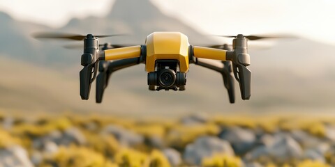 Poster - A yellow drone flies above a rugged landscape, capturing aerial views with its camera, showcasing innovation in technology and exploration.