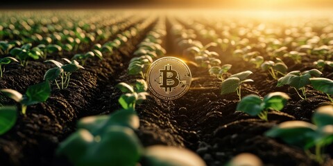 Poster - A golden Bitcoin symbol amidst green seedlings in a field, illustrating the intersection of agriculture and cryptocurrency.