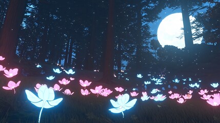 Glowing flowers illuminate moonlit forest path. Fantasy background for games, websites