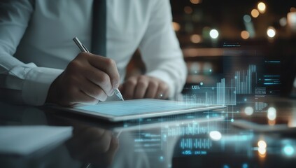 Poster - Businessman working on tablet, night cafe, data visualization
