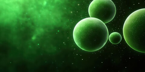 Poster - A vibrant green background with floating spheres, suggesting a microscopic world or cellular structures in a dreamy, ethereal atmosphere.