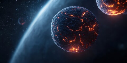 Poster - A vibrant depiction of a celestial scene featuring rocky planets with glowing, fiery surfaces set against a dark cosmic backdrop.