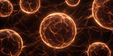 Aufkleber - An abstract image featuring glowing, interconnected cells or spheres, radiating a warm, orange light against a dark background.