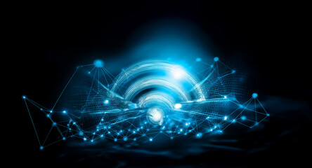 Poster - Radiant blue light bursts forth, illuminating a network of connected dots and lines against the dark backdrop, evoking a sense of modern technology and digital connection.