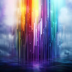 Poster - Vibrant rainbow colored digital streaks rising from a dark reflective water surface, creating a futuristic, otherworldly atmosphere. The background features a moody, cloudy sky, enhancing the