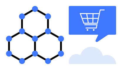 Poster - Network of connected blue nodes forming a molecular structure next to a speech bubble with a shopping cart icon above a cloud. Ideal for e-commerce, data sharing, cloud computing, networking, online