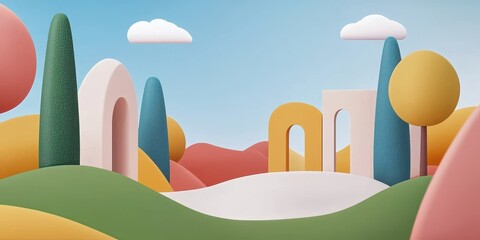 Poster - A whimsical, colorful landscape featuring abstract shapes, trees, and clouds, creating a serene and playful environment.