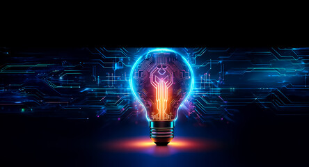 Poster - A glowing lightbulb with digital circuit patterns inside, illuminates against a dark backdrop. The vibrant blue and orange hues create a futuristic and innovative technology concept.