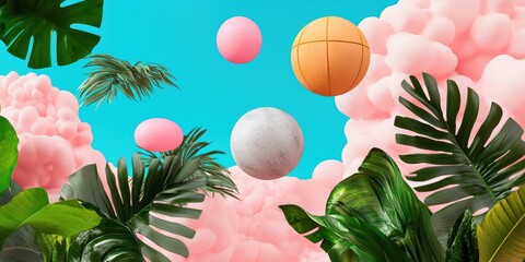Poster - A vibrant scene featuring colorful balls floating amid lush green leaves and fluffy pink clouds against a bright blue background.