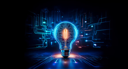 Poster - Vibrant light bulb outlined with digital circuit board patterns on a dark backdrop. Blue lines and dots emphasize the tech design, creating a futuristic, illuminated concept.