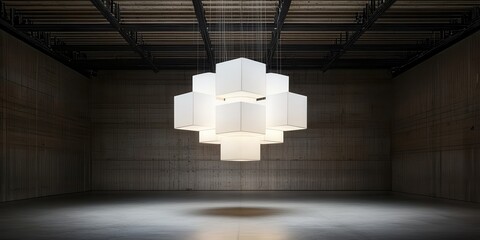 Poster - A modern, geometric chandelier hangs in a spacious, minimalist room with concrete walls and soft lighting, creating a serene ambiance.