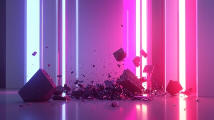 Poster - A shattered financial graph on a digital banner with neon cyber aesthetics, set against a smooth, modern background.