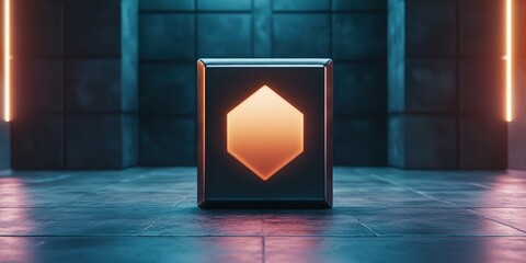 Poster - A futuristic cube with a glowing hexagonal shape, set against a dark, illuminated background, suggesting a sci-fi or technological theme.
