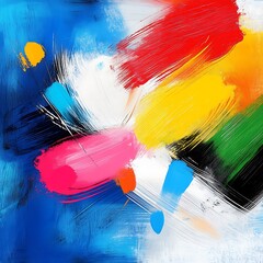 Poster - Abstract painting with vibrant brushstrokes in red, yellow, blue, green, pink and white. Dynamic composition with textured surface. Colorful and energetic artwork