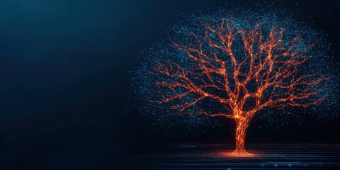 Poster - A glowing tree with intricate branches stands against a dark blue background, symbolizing life and energy in a digital, modern aesthetic.