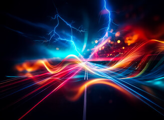 Poster - Abstract image featuring vibrant, flowing lines of orange and blue light against a dark backdrop.  The glowing streaks create a dynamic and energy-filled visual.