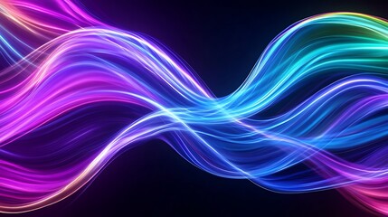 Poster - Abstract vibrant wave of colorful particles on a dark background. The wave is formed by thousands of tiny glowing points of light, creating a dynamic and energetic visual. The colors shift smoothly