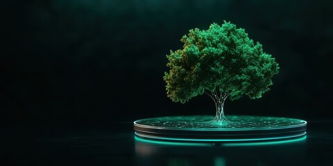 Poster - A glowing green tree stands on a circular base, set against a dark background, symbolizing nature and technology.