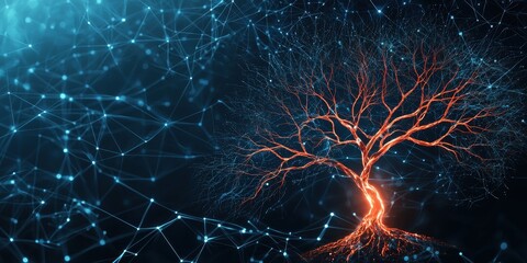 Aufkleber - A digital tree with glowing branches emerges from a network of blue connections, symbolizing growth and interconnectedness.