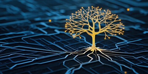 Aufkleber - A glowing tree is depicted on a digital circuit board, symbolizing the fusion of nature and technology.